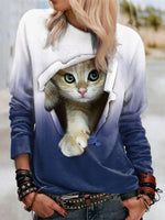 Blue Cat Street Round Neck Long Sleeves Sweatshirt