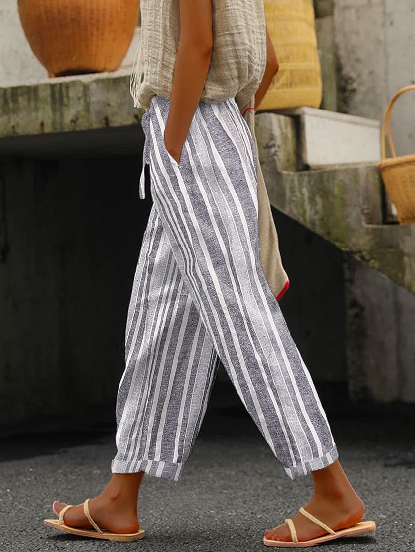 Gray Striped Casual Loose Straight Pants