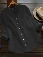 Solid Stand Collar Long Sleeves Button with Pocket Blouse