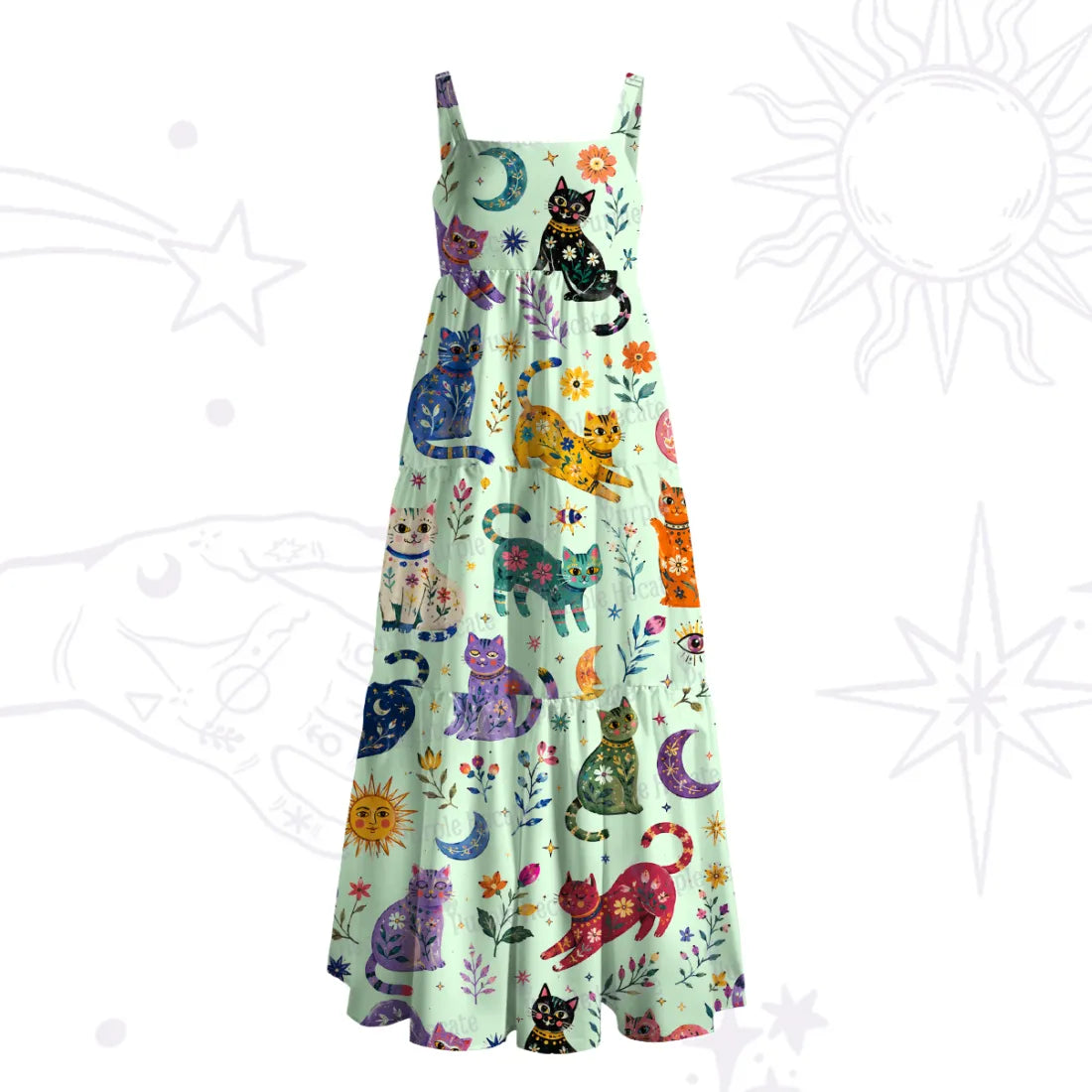 Rainbow Magic Cats Wide Strap Flowy Maxi Dress