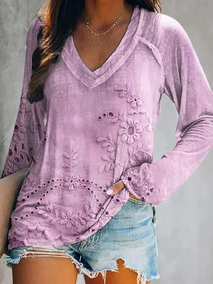 Women's Vintage Floral Texture Art Print V Neck Long Sleeve Tops