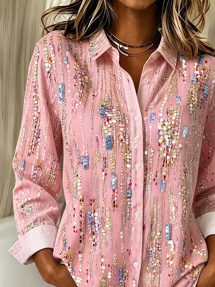 Shirt Collar Regular Long Sleeve Abstract Buckle Regular Loose Button Up Shirt For Women