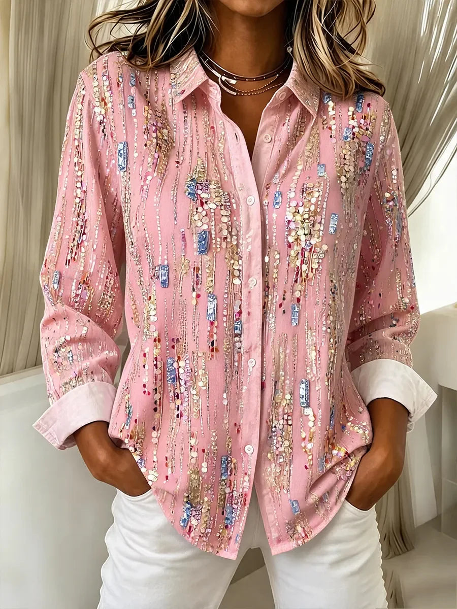 Shirt Collar Regular Long Sleeve Abstract Buckle Regular Loose Button Up Shirt For Women