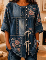 Crew Neck Half Sleeve Floral Print Lightweight Micro-Elasticity Regular Fit Shirt For Women