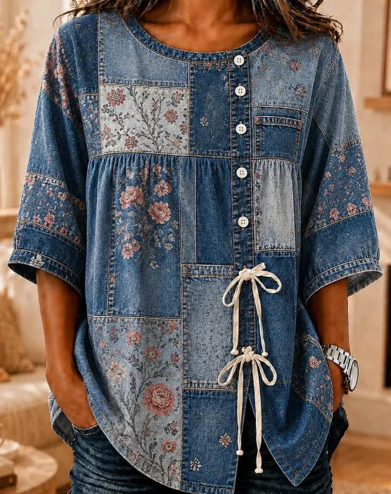 Crew Neck Half Sleeve Floral Print Lightweight Micro-Elasticity Regular Fit Shirt For Women
