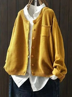 Yellow Crew Neck H-Line Long Sleeves Sweater Cardigan
