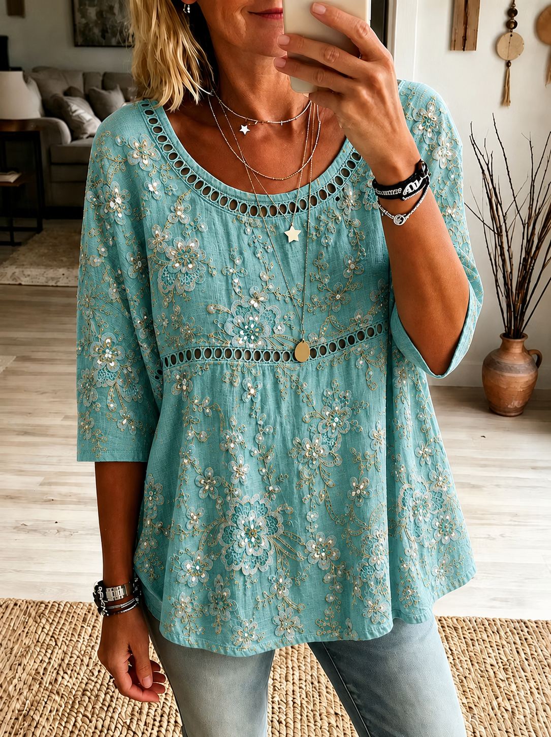 Vintage Crew Neck Half Sleeve Floral Printing Regular Micro-Elasticity Loose Blouse For Women