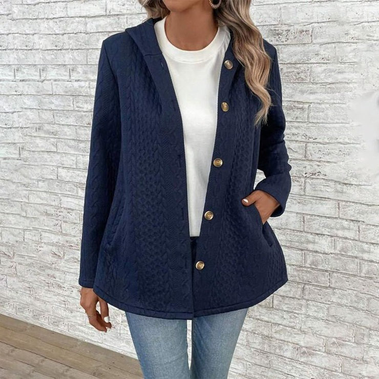 Blue Hooded Long Sleeves Outerwear Plain Cardigan