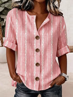 Stand Collar Three Quarter Sleeve Striped Regular Loose Shirt For Women