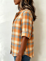 Stand Collar Rolled Three Quarter Sleeve Plaid Button Down Shirt