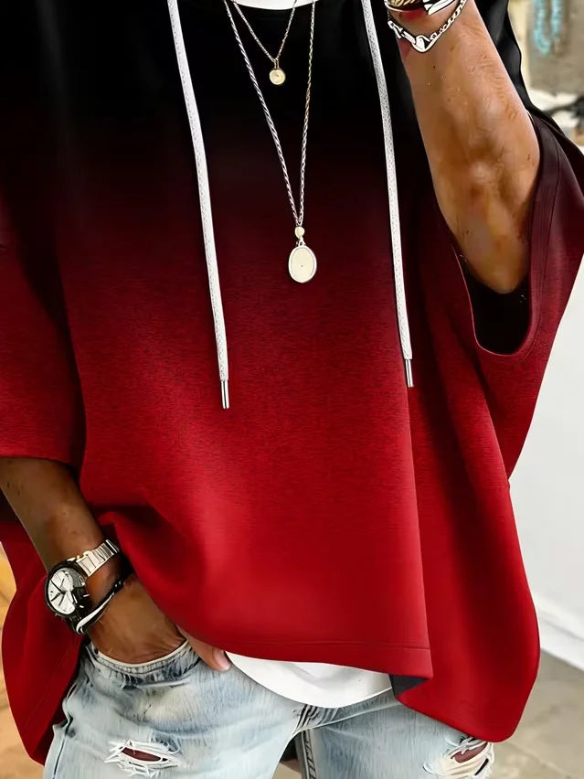 Ombre Gradient Drawstring Hooded Half Sleeve Top