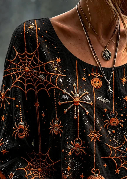 Halloween Spider Web Pumpkin Print Crew Neck Long Sleeve Blouse