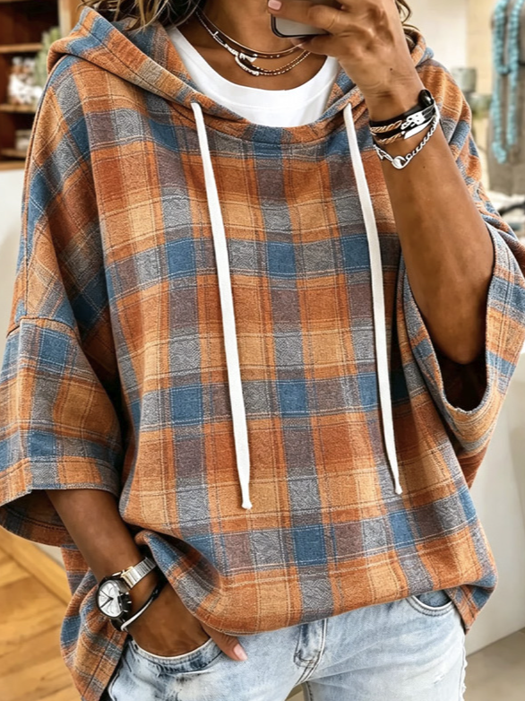 Vintage Plaid Drawstring Hooded Half Sleeve Top
