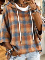Vintage Plaid Drawstring Hooded Half Sleeve Top