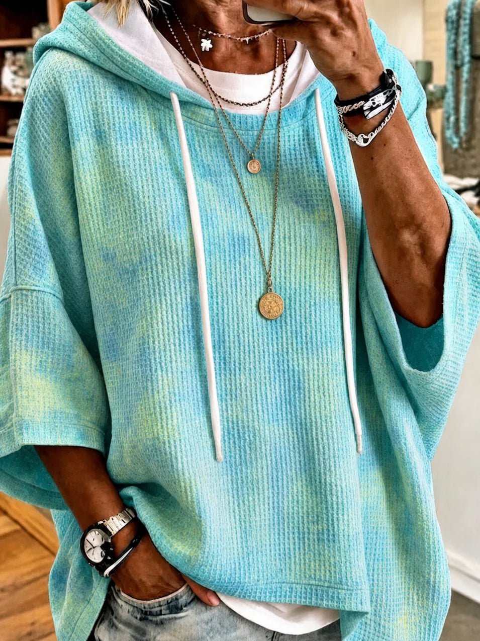 Ombre Tie Dye Waffle Knit Drawstring Hooded Half Sleeve Top