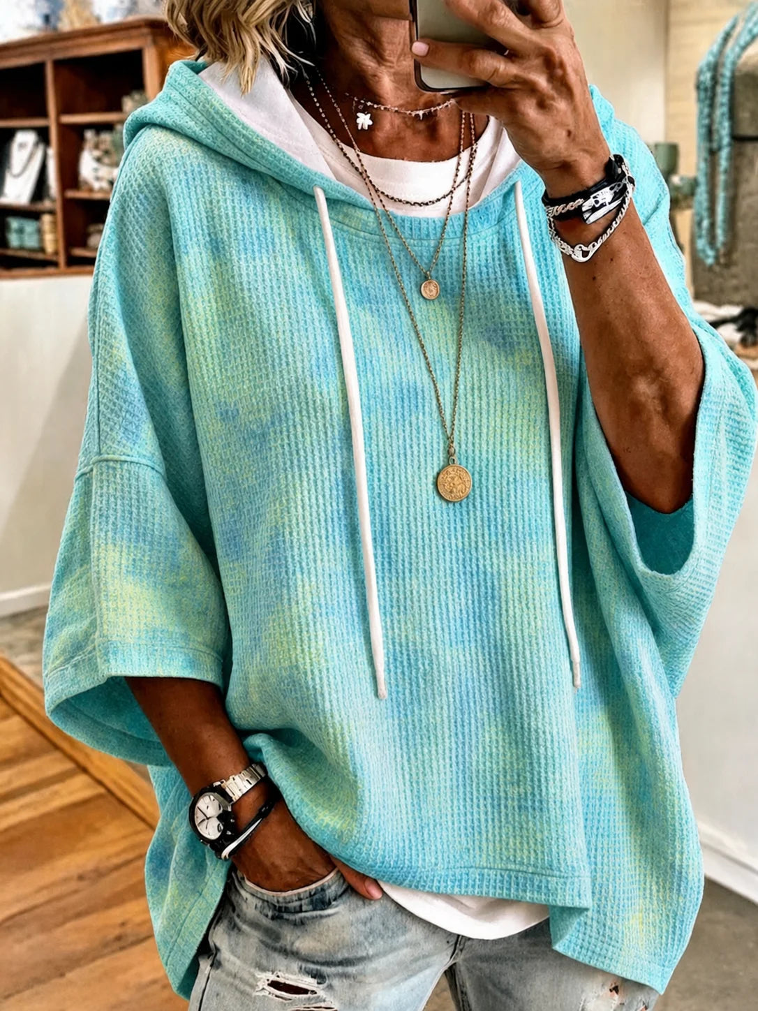 Ombre Tie Dye Waffle Knit Drawstring Hooded Half Sleeve Top