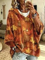 Autumn Maple Leaf Print Drawstring Hooded Half Sleeve Hoodie