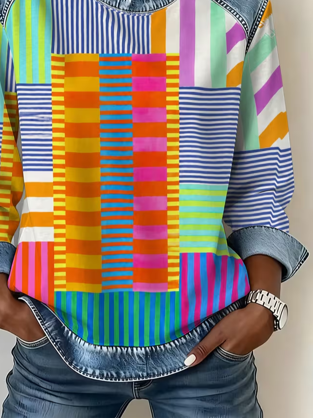 Colorful Patchwork Stripe Denim Spliced Crew Neck Long Sleeve Sweatshirt