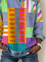 Colorful Patchwork Stripe Denim Spliced Crew Neck Long Sleeve Sweatshirt