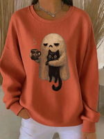 Halloween Ghost Hug Black Cat Coffee Print Ribbed Crew Neck Sweatshirt
