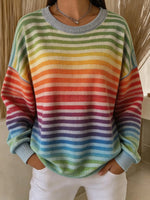 Gradient Rainbow Stripe Crew Neck Long Sleeve Casual Sweatshirt