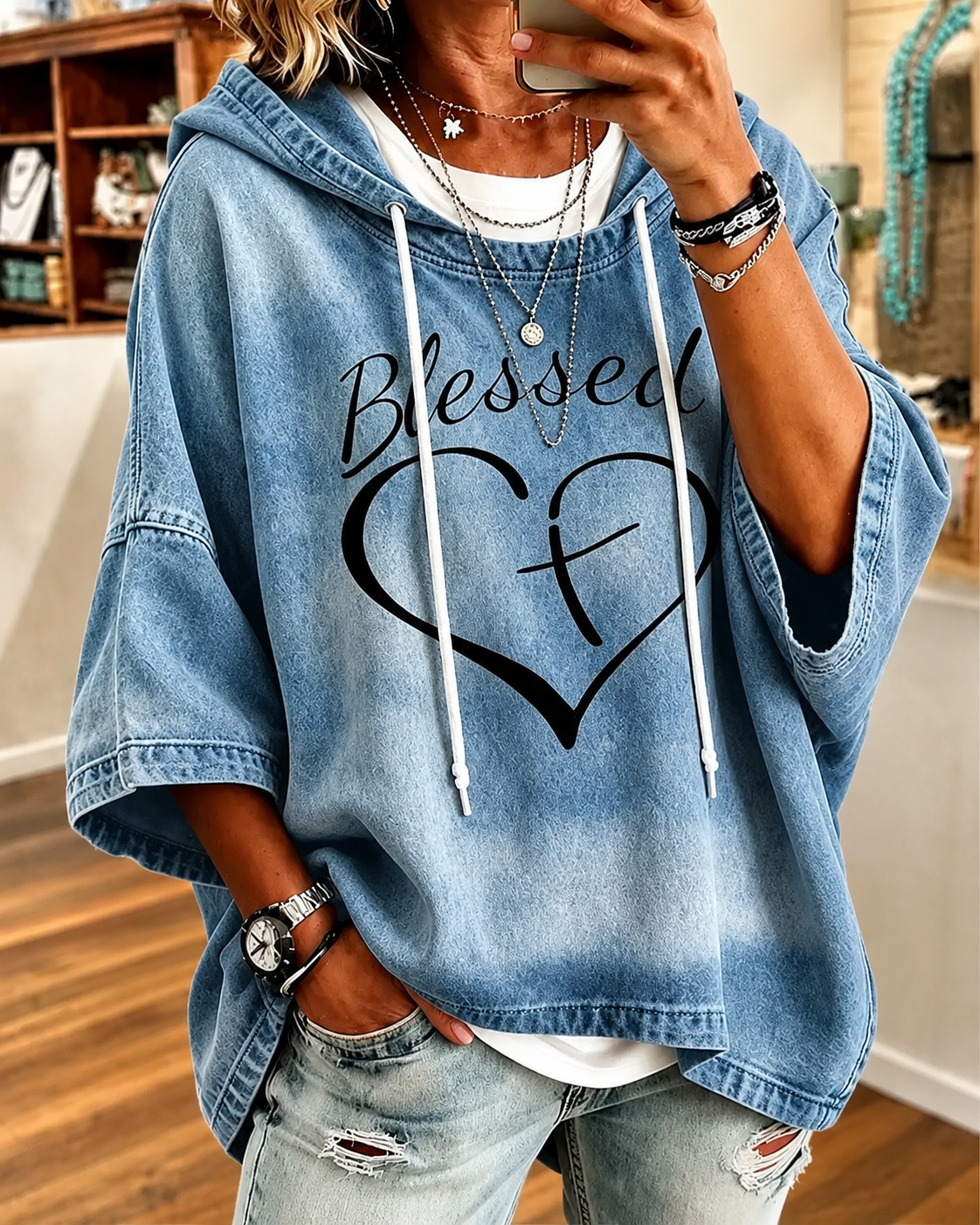 Blessed Heart Cross Print Tie Dye Short Sleeve Drawstring Hoodie