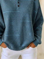 Geometric Square Line Print Henley Button Crew Neck Long Sleeve Sweatshirt