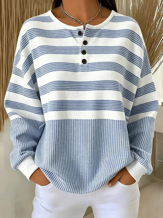 Mixed Stripe Henley Button Crew Neck Long Sleeve Sweatshirt