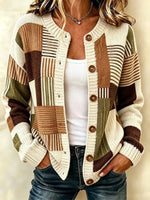 Color Block Patchwork Striped Button Front Knit Cardigan