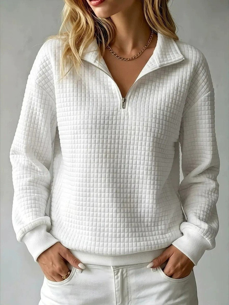 Waffle Grid Texture Half Zip Stand Collar Long Sleeve Sweatshirt