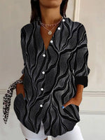 Wave Geometric Print Lapel Long Sleeve Button Down Shirt