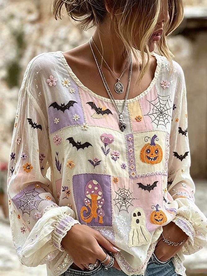 Women Halloween Casual Blouse Crew Neck Long Sleeve Printing Top