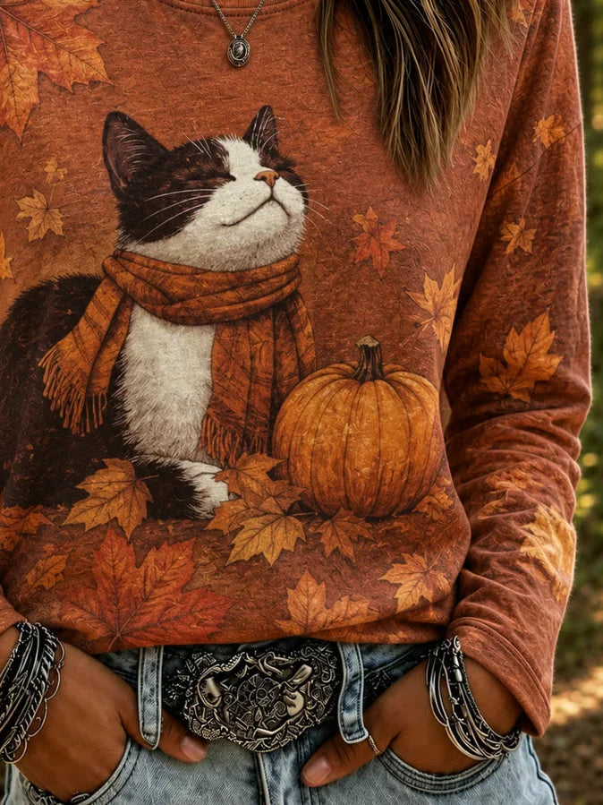 Casual Cat Crew Neck Long Sleeve T-shirt