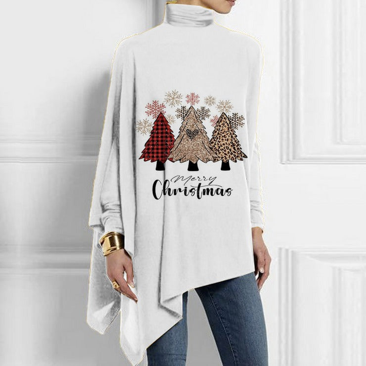 Christmas Tree Print Long Sleeve High Neck White Sweatshirt