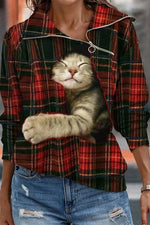 Women's Graphic Tops Lapel Long Sleeve Cat Printed with Zipper Plaid Sweatshirt