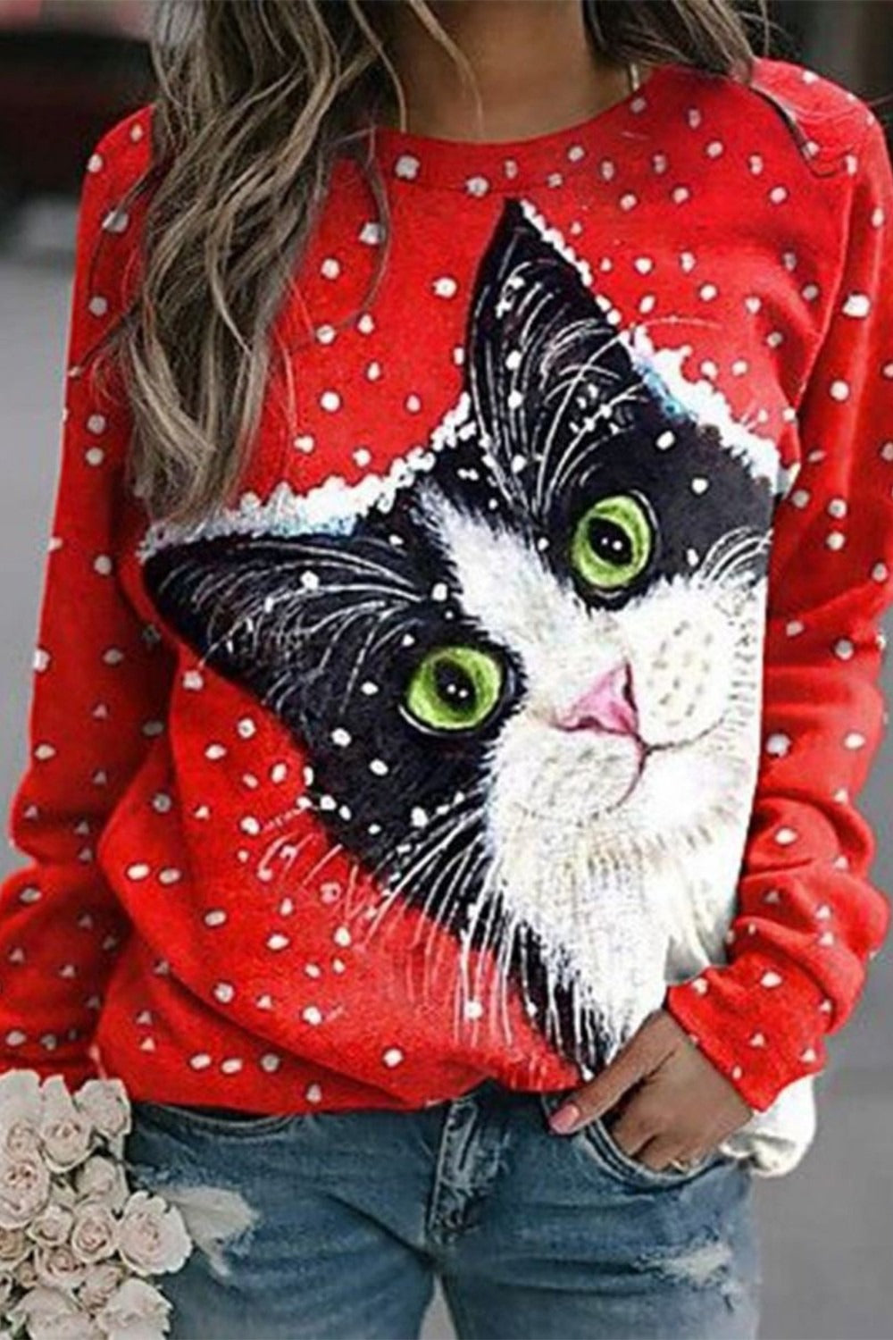 Women's Graphic Tops Round Neck Cat Printed Long Sleeve Sweatshirts
