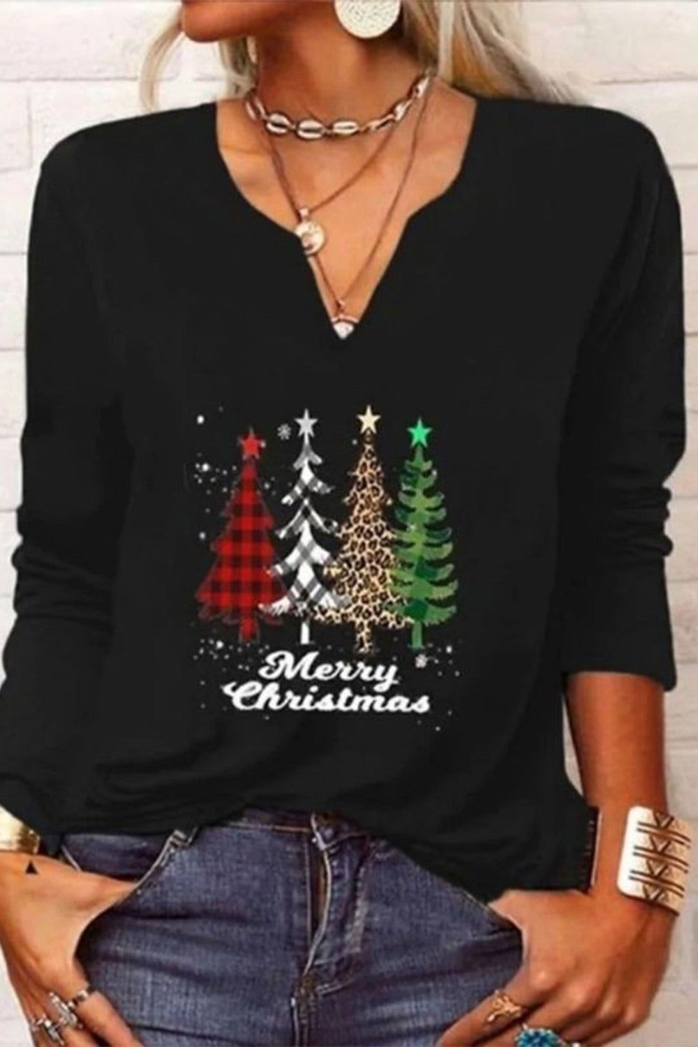 Black Long Sleeve Graphic Tops V-neck Christmas Tree Printed Xmas Sweatshirts