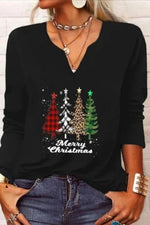 Black Long Sleeve Graphic Tops V-neck Christmas Tree Printed Xmas Sweatshirts