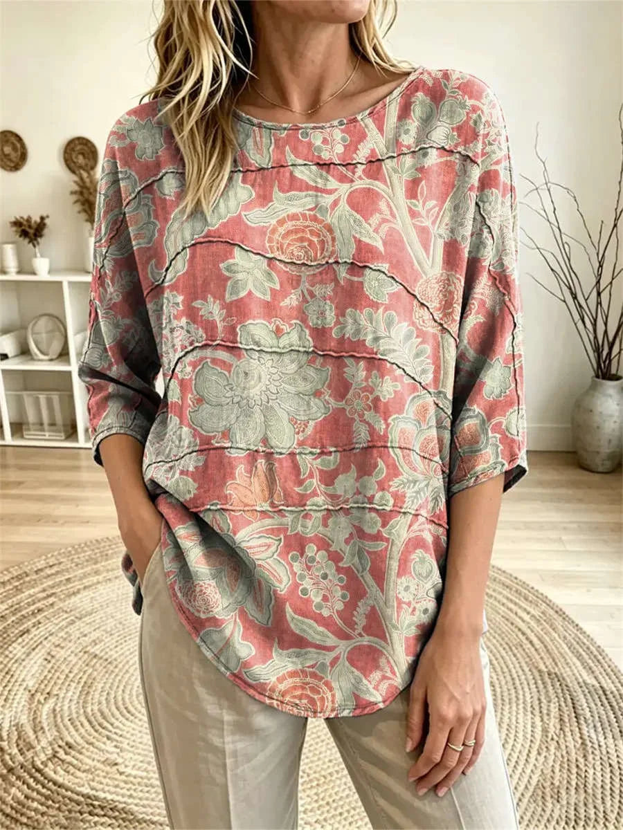Women's Vintage Pink Retro Floral Print Boat Neck Three Quarter Sleeve Top