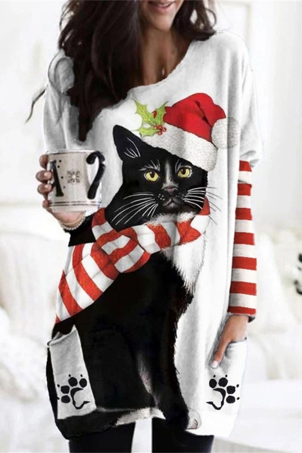 White Graphic Tops Round Neck Cat Printed Long Sleeve Christmas Sweatshirts