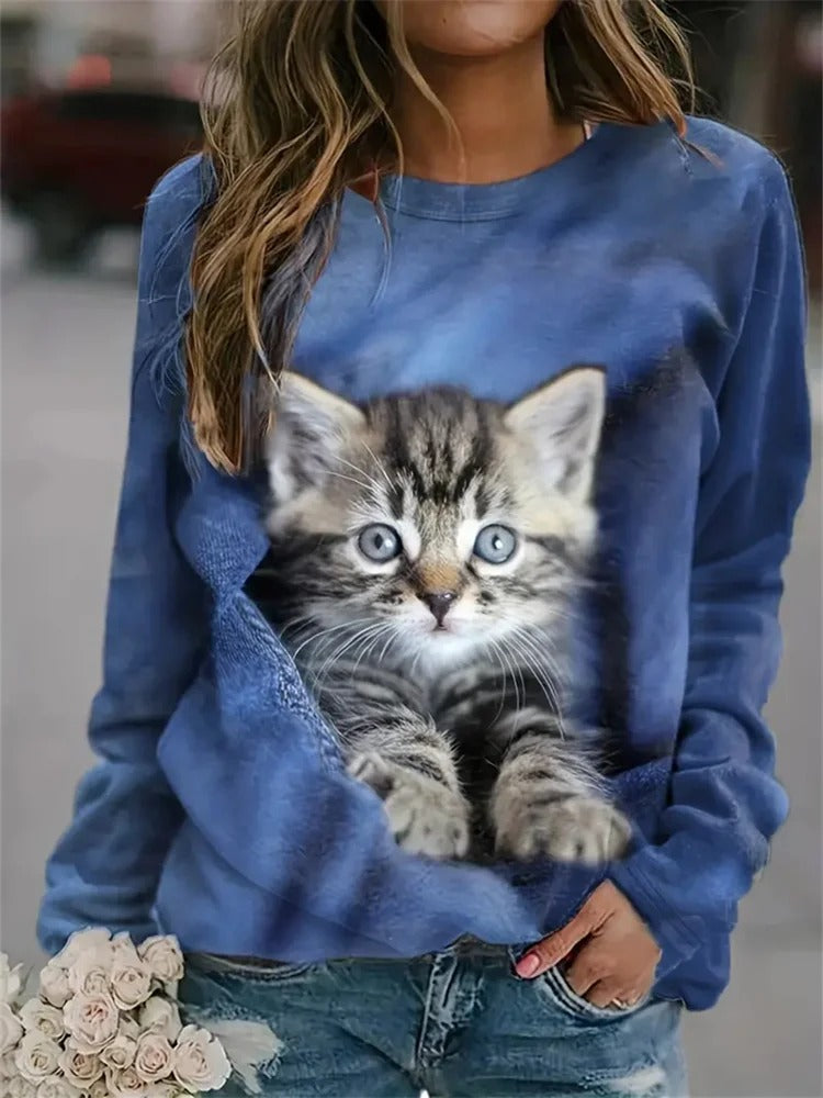 Blue Casual Cat Printed Crew Neck Long Sleeves Sweatshirt