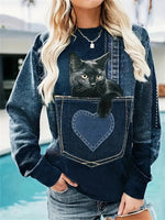 Pocket Cat Print Pullover Crew Neck Casual Sweatshirt