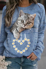 Blue Casual Cat Printed Round Neck Long Sleeve Sweatshirts