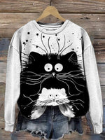 White Stylish Art Cat PrintRound Neck Sweatshirt
