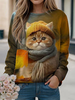 Yellow Cat Print Casual Pullover Round Neck Sweatshirt