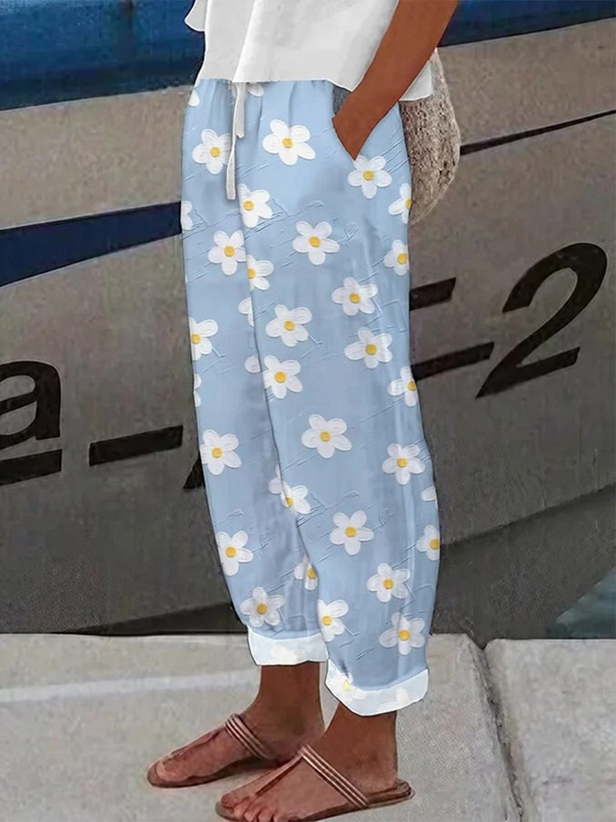 Light Blue Botanical Floral Print Loose Lace-Up Casual Pants