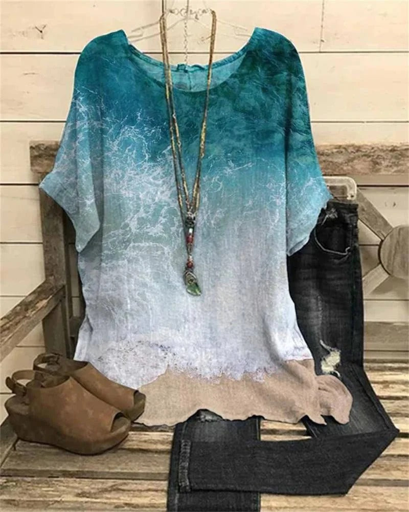 Beach Graphic Print Crew Neck Short Sleeve Blouse