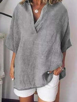 Solid Color V-Neck Cotton Shirt Short Sleeve Pullover Blouse