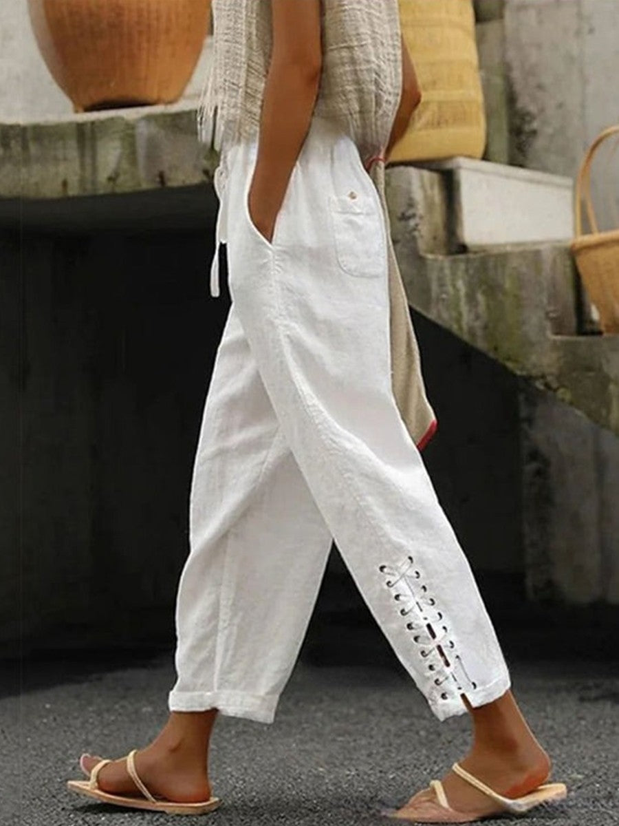 Simple Plain Side Pocket Drawstring Pants