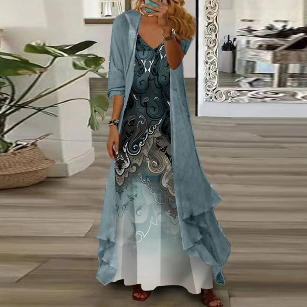 Fresh V-Neck Printed Two-Piece Maxi Dress